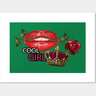 Red lips golden crown embroidery Posters and Art